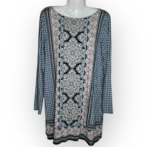 J Jill M Tunic Top Blue Floral Paisley Soft Stretch Shirt Mini Dress Bohemian